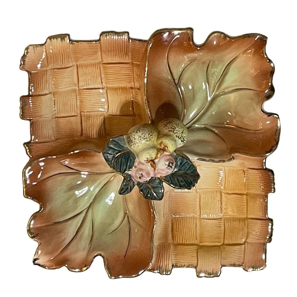 Vintage Majolica Porcelain Oak Leave Basketweave Divided Fruit Dish Square Peach